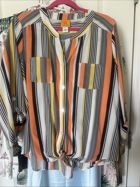 Ruby Rd. Striped Button-Front Blouse in Orange, Yellow, Black & White